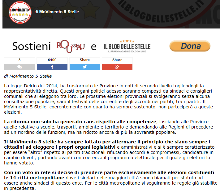 Provinciali, il Blog dà la linea: <br> i grillini non voteranno