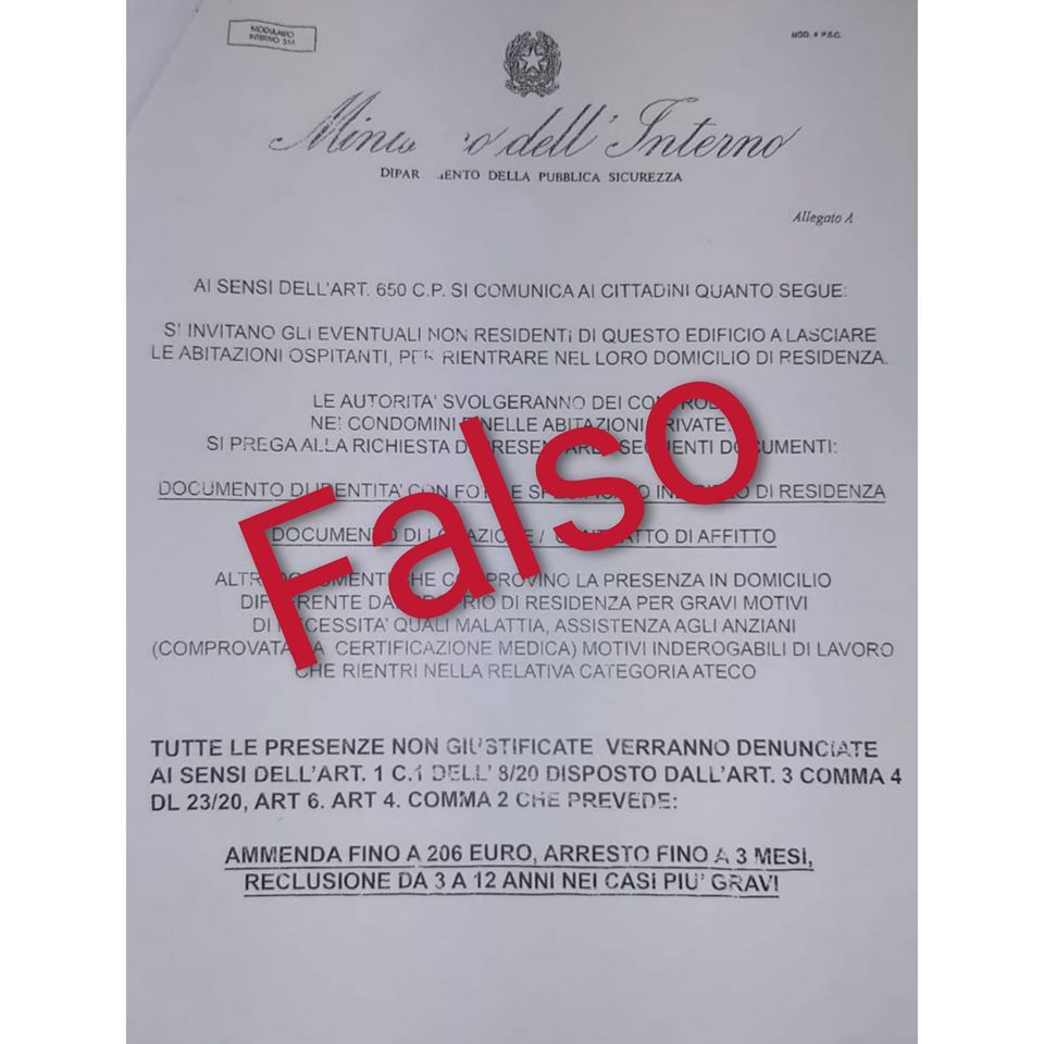 La Polizia mette in guardia: <br> «Girano falsi volantini <br> del Ministero dell’Interno»