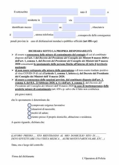 Autocertificazione <br> per gli spostamenti, <br> nuova modifica al modulo