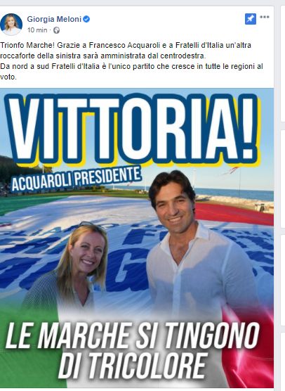 Il centrodestra brinda, <br> pronta la festa nella sede di Acquaroli <br> Meloni: «Trionfo Marche»