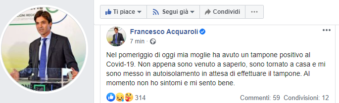 Acquaroli in autoisolamento: <br> «Mia moglie è positiva al Covid»