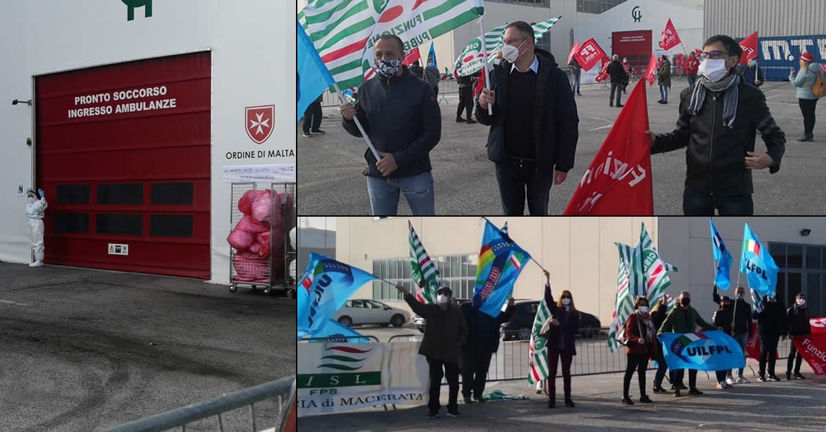 Sit-in al Covid Center: <br> «Mancano medici e infermieri, <br> nelle Marche ne servono almeno 500» <br> <span> (Foto e video) </span>