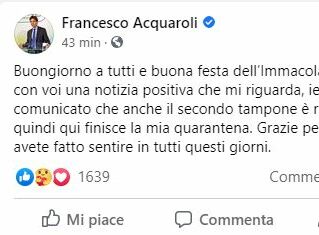 Secondo tampone negativo <br> per Acquaroli: <br> «Finisce la mia quarantena»
