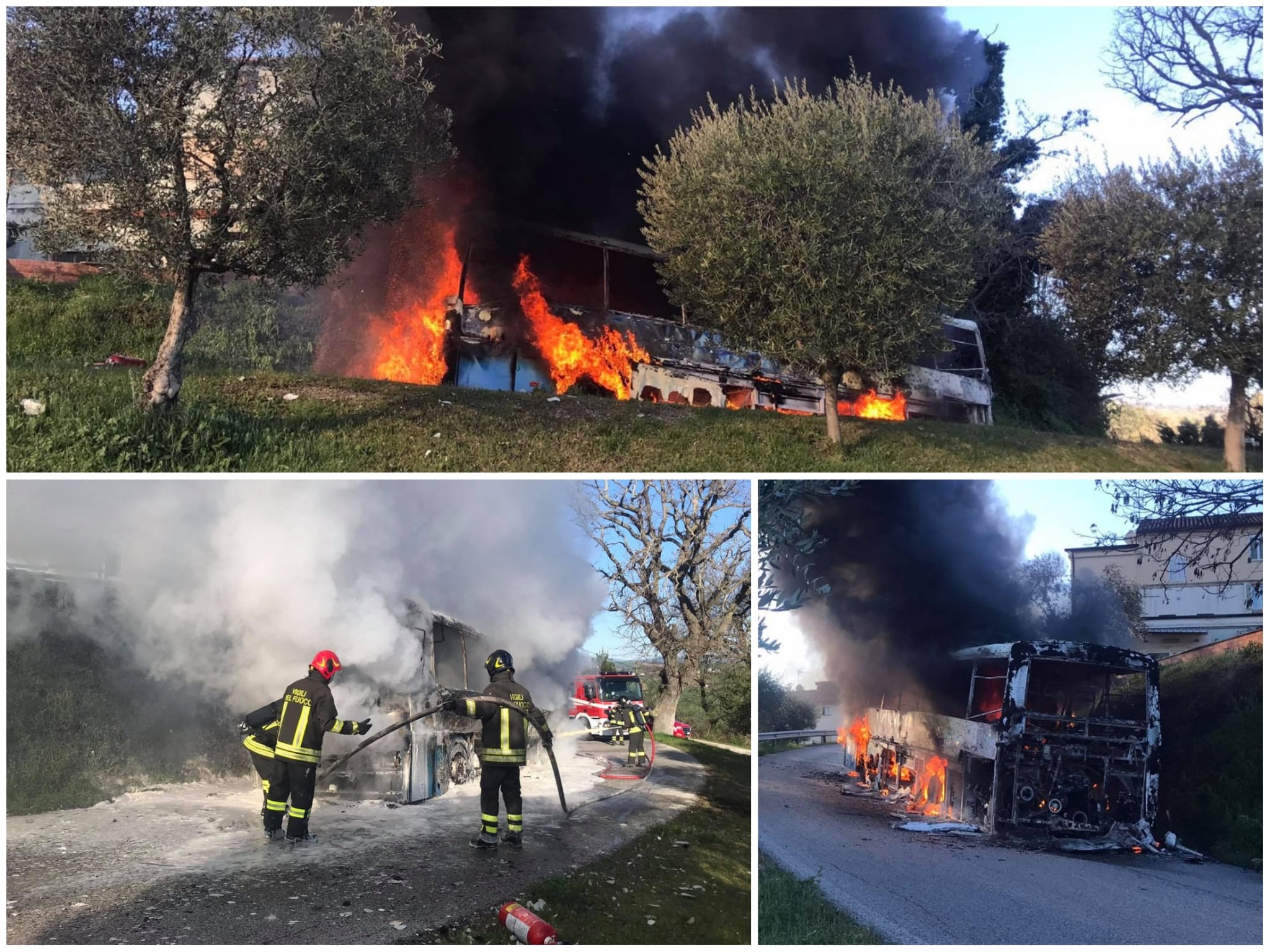 Autobus divorato dalle fiamme, <br> in salvo autista e passeggeri <span>(Le foto) </span>