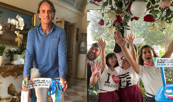 Il CT Mancini: <br> «Ringrazio i ragazzi <br> della Locanda “Centimetro Zero” <br> per questa bellissima seggiola»