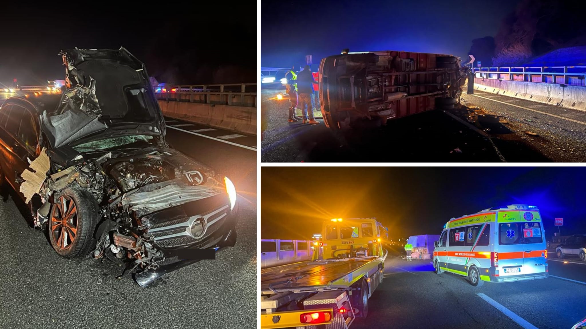 Paura in autostrada, camion si scontra con un’auto e si ribalta (Foto)