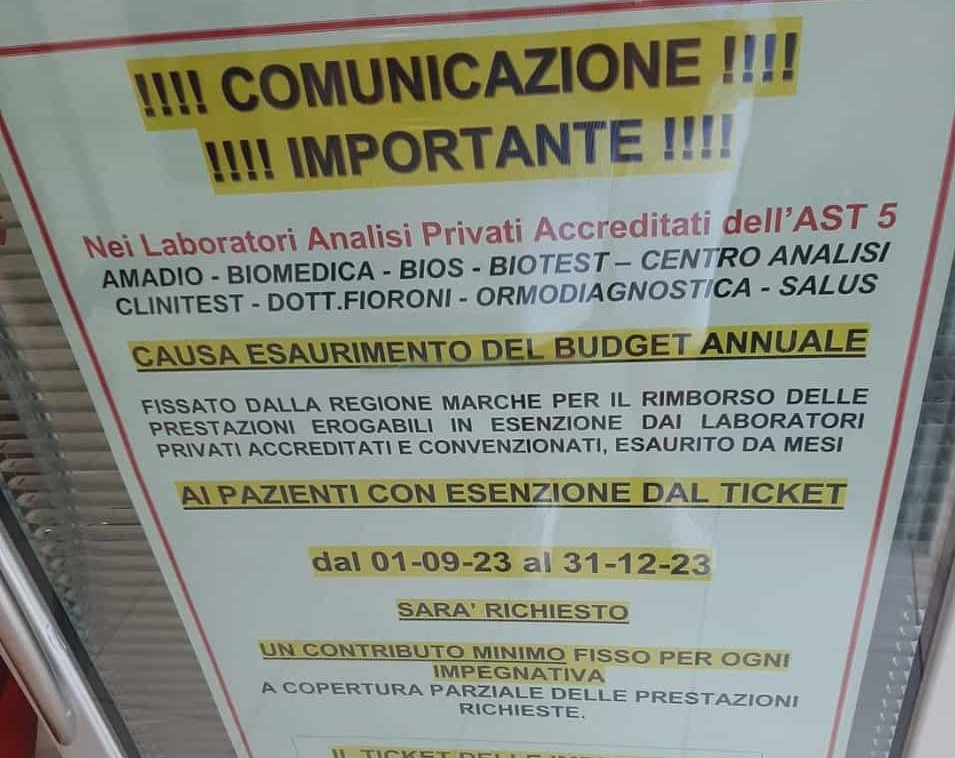 Esaurito il budget per esami in esenzione, laboratori convenzionati chiedono un contributo ai pazienti