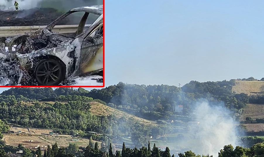 Veicolo a fuoco sulla A14, le fiamme si propagano sulla scarpata