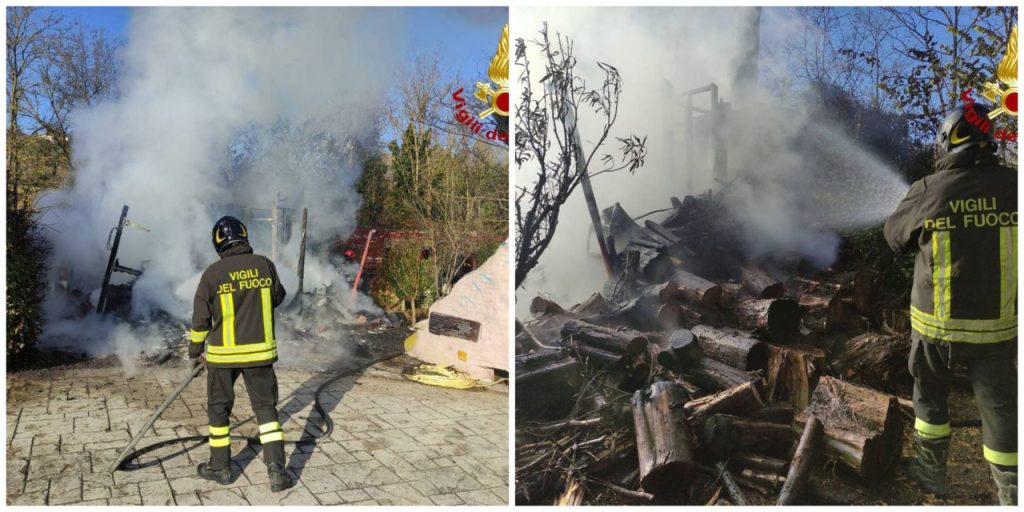 Annesso agricolo in fiamme, arrivano i pompieri <span> (Video e foto)