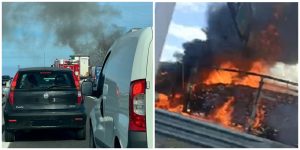 Autoarticolato a fuoco in superstrada: chiuso il tratto interessato e inferno anche sulle strade alternative anche  <span> (Video e foto)