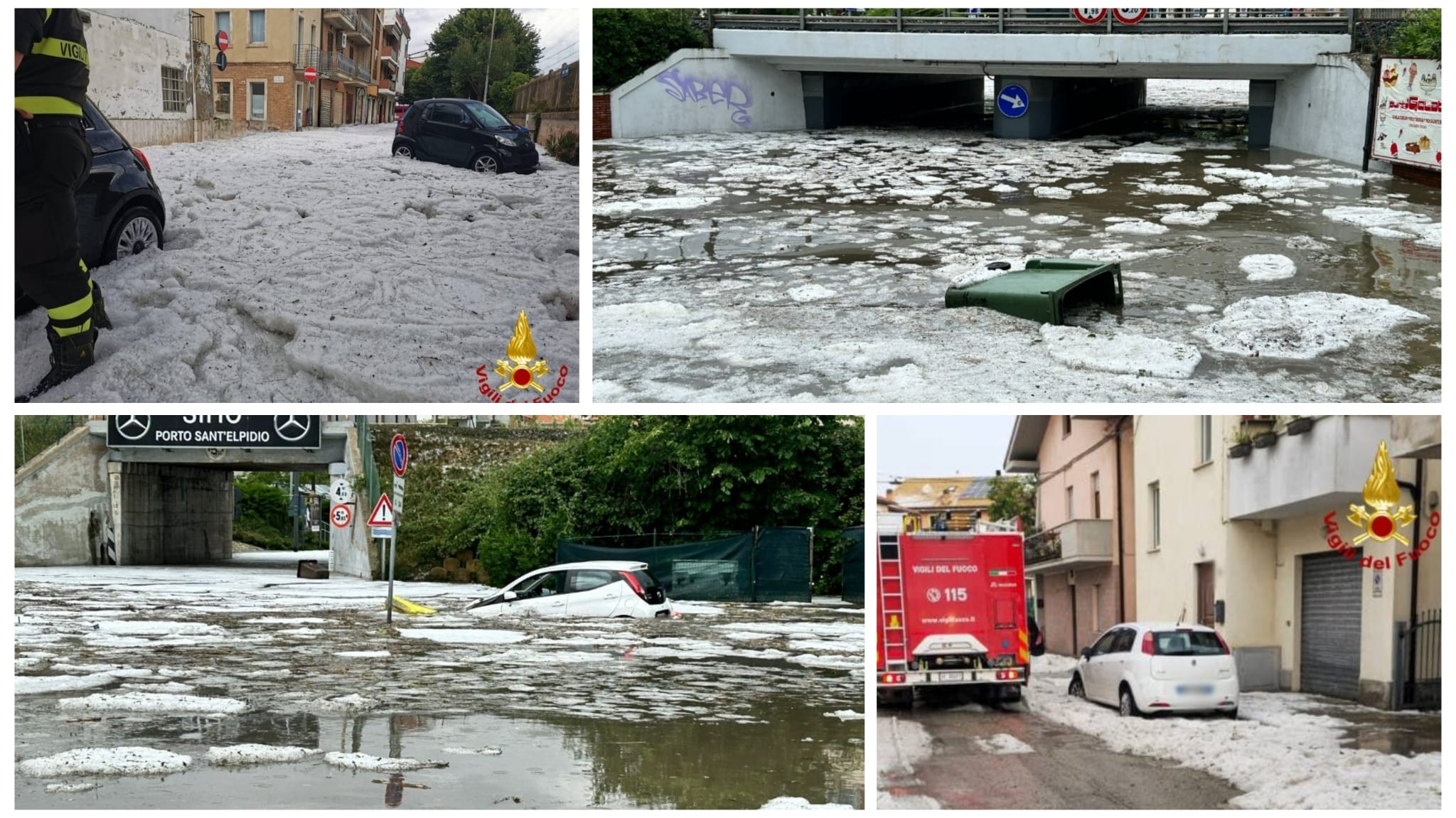 Porto Sant’Elpidio finisce sott’acqua: tutti i ponti allagati e strade invase dalla grandine. La città conta i danni del temporale