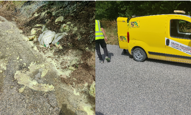 Furgone perde carico di zolfo su strada e scarpata: divampa l’incendio <span> (Foto)