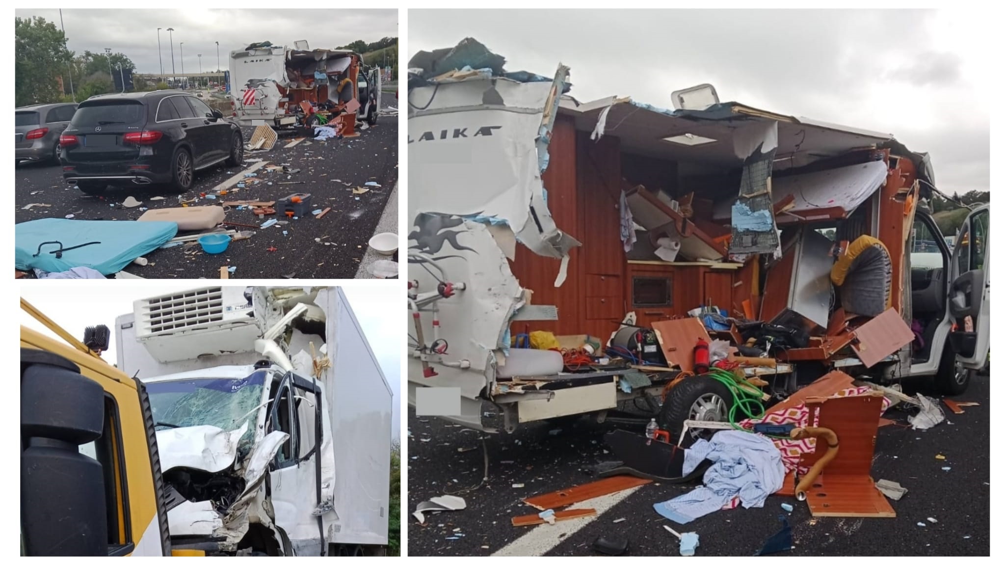 Incidente in A14, camper squarciato: carreggiata invasa da mobilio, materasso e sedie