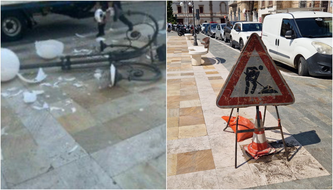 Camion fa retromarcia in piazza e abbatte un lampione: danneggiata anche la pavimentazione