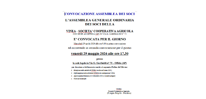 Vinea, il 29 maggio l’assemblea dei soci
