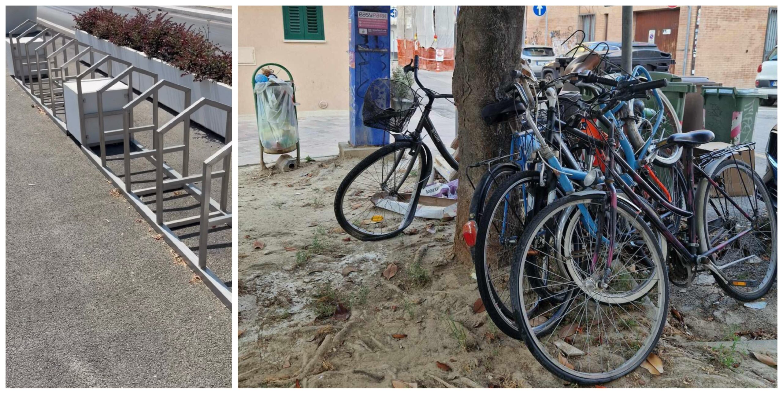 Il paradosso delle biciclette: rastrelliere vuote, alberi e pali pieni