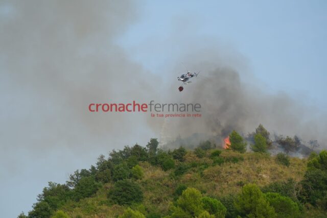 Incendio sulla collina di Pedaso, Vigili del fuoco ed elicottero al lavoro