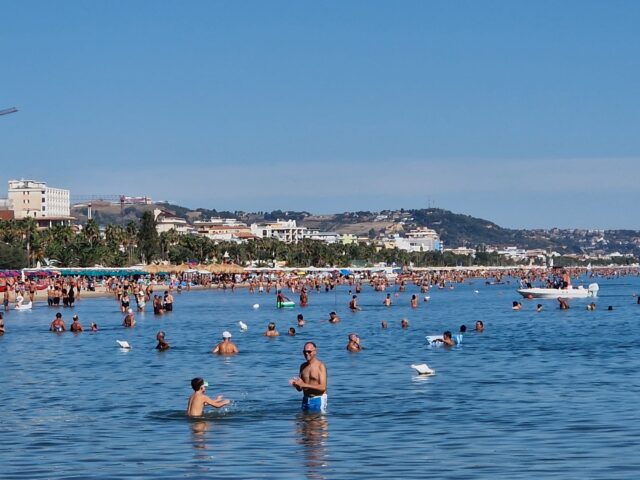 A settembre come in pieno agosto: spiaggia affollata, il tuffo dei delfini mette il punto esclamativo